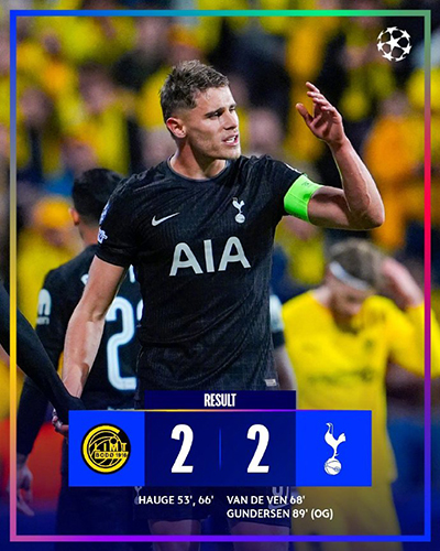 欧冠:热刺2-2绝平博德闪耀 海于格个人秀双响范德文破门