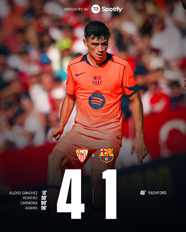 西甲：巴萨1-4塞维利亚 桑切斯弑旧主 拉什福德破门