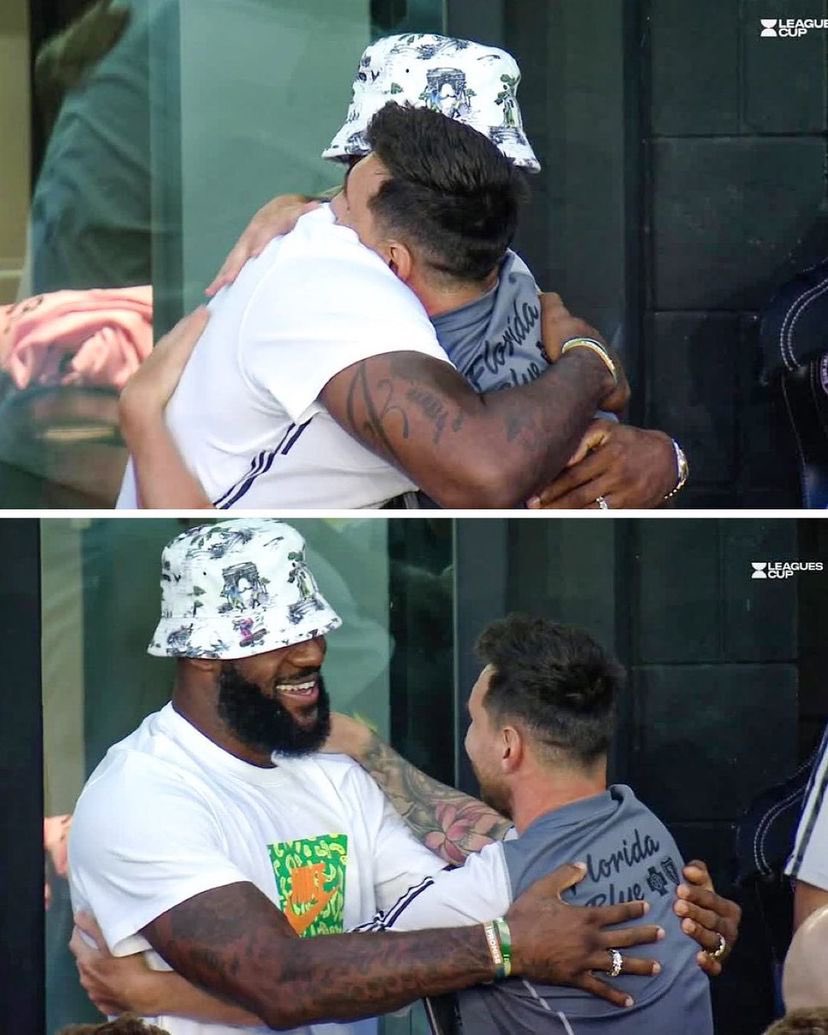 詹姆斯观看梅西美职联首秀：与梅西深情拥抱 还与贝克汉姆夫妇合影